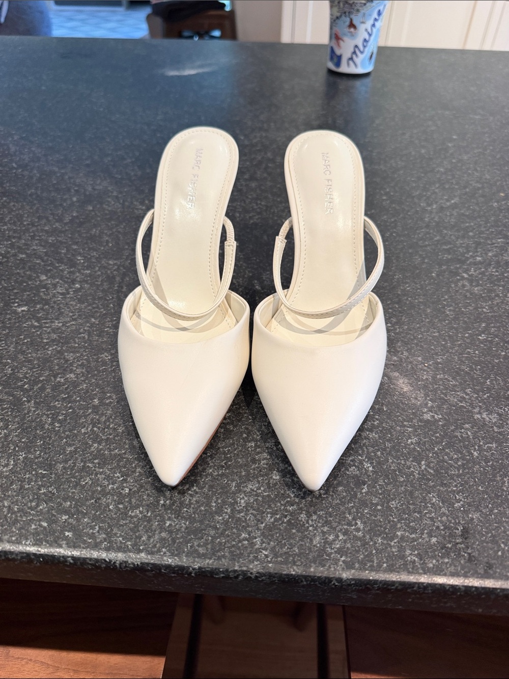 Marc Fisher Cream Pointed-Toe Slip-On Mules with Slim Strap